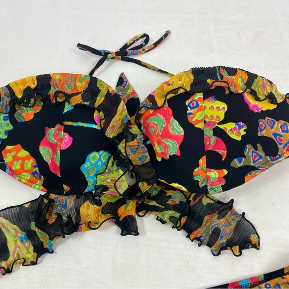 Pain De Sucre black abstract colorful ruffle bikini set. L/36B - Picture 4 of 8